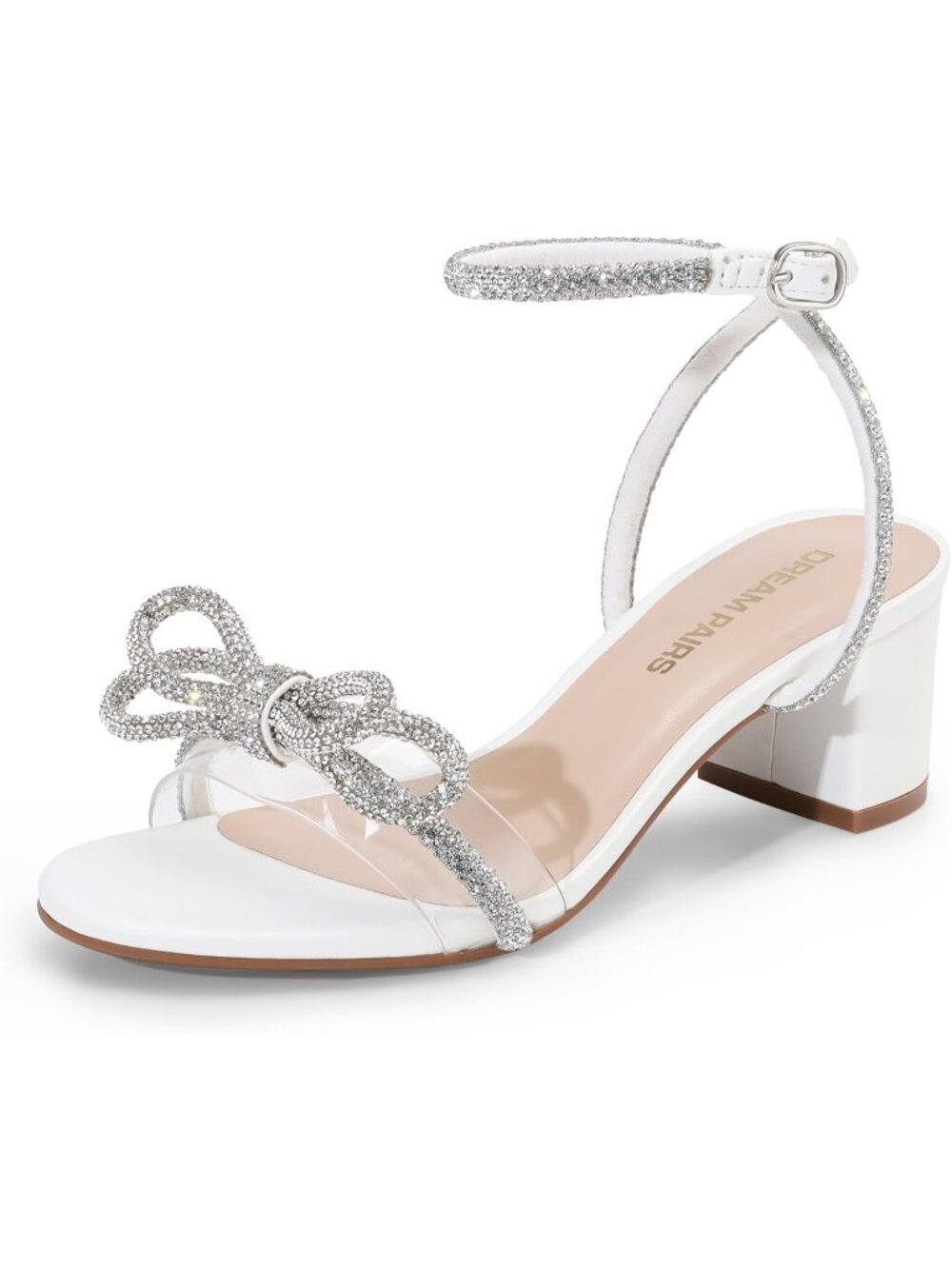 Dream Pairs Women's White Open Toe Rhinestone Double Bow Chunky Sandals